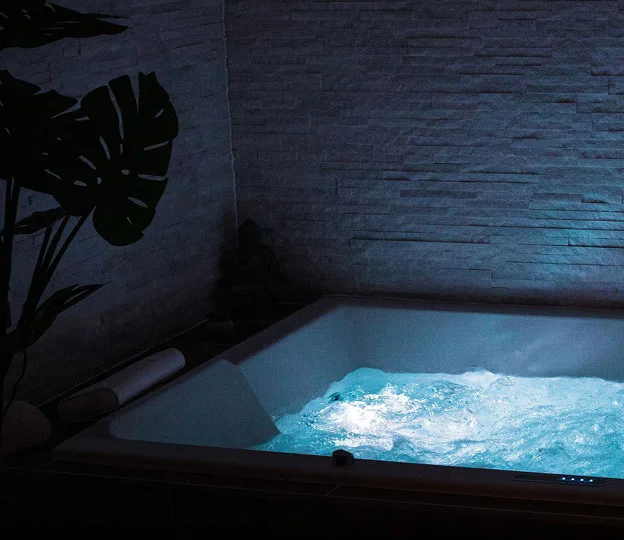 balnéothérapie éclairé en bleu dans une pièce sombre, avec une plante et un mur de pierres à Bois-d’Arcy près de Versailles dans les Yvelines 78