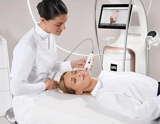 Femme recevant un traitement facial avec un appareil LPG par une esthéticienne à Bois d'Arcy près de Versailles dans les Yvelines 78